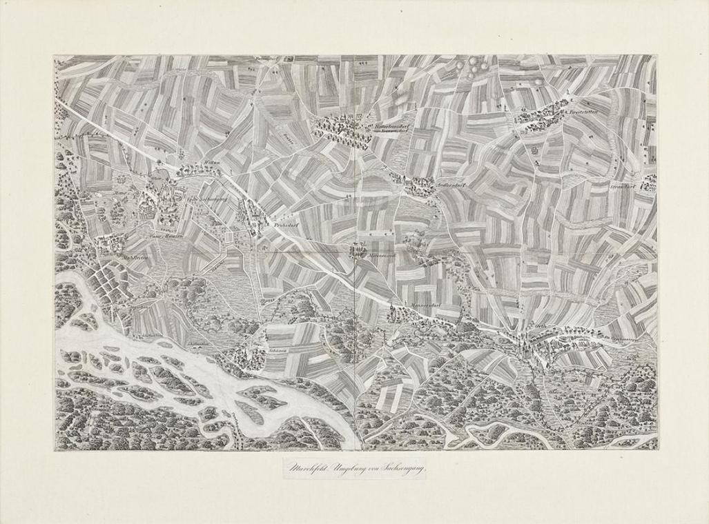 Franz Xaver Schweickhardt, Perspektivkarte des Marchfeldes. Umgebung von Sachsengang, 1837, Rad ...