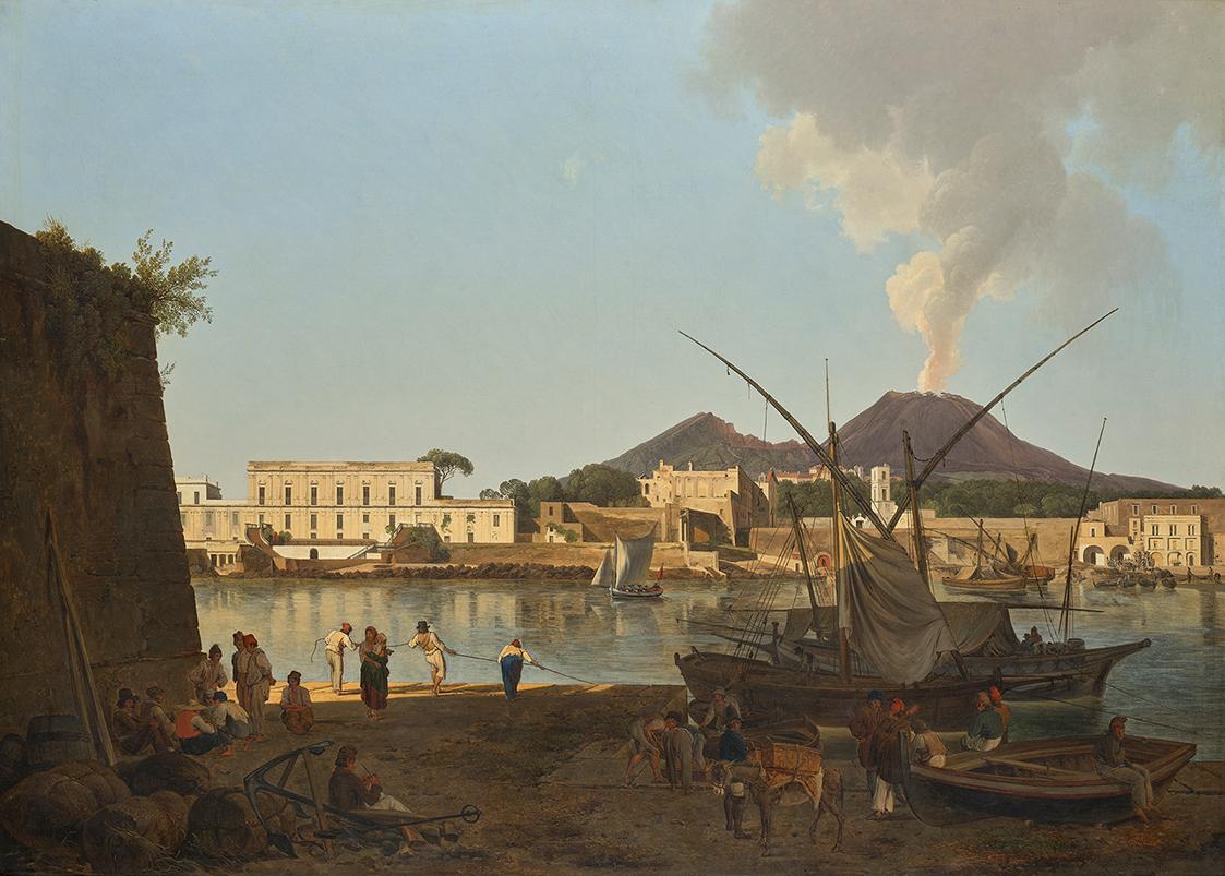 Joseph Rebell, Der Hafen Granatello bei Portici mit dem Vesuv im Hintergrund, 1819, Öl auf Lein ...