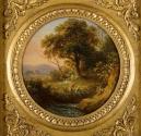 Unbekannter Künstler, Baumlandschaft mit figürlicher Staffage, um 1820, Öl auf Karton, 8 cm, Be ...
