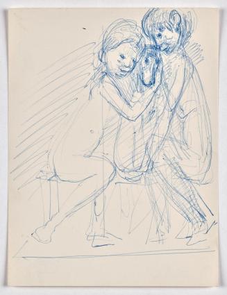 Georg Ehrlich, Zwei Kinder, einen Hund umarmend, undatiert, Kugelschreiber auf Papier, Blattmaß ...