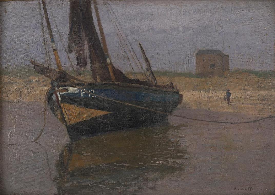 Alfred Zoff, Fischerboot an der belgischen Küste, 1902, Öl auf Leinwand mit Karton, 33 × 47 cm, ...