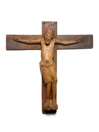 Tiroler Bildschnitzer, Kruzifix, Ende 12. Jahrhundert, Erlenholz mit alten Fassungsresten, Korp ...