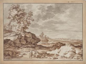 Jacob Matthias Schmutzer, Landschaft mit Dorf und zwei Bauern, 1808, Pinsel in Braun und Grau m ...