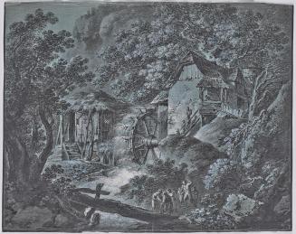 Josef Abel, Mühle in Waldlandschaft mit mehreren Personen und einem Riesen, 1790/1800, Tusche m ...