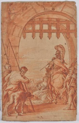Mythologische Szene (?), 18. Jahrhundert, Feder, rot laviert, Papier auf Leinen, 56,3 × 36 cm,  ...