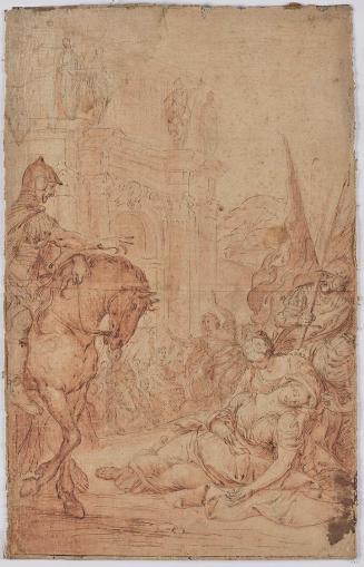 Mythologische Szene (?), 18. Jahrhundert, Feder, rot laviert, Papier auf Leinen, 56 × 36 cm, Be ...