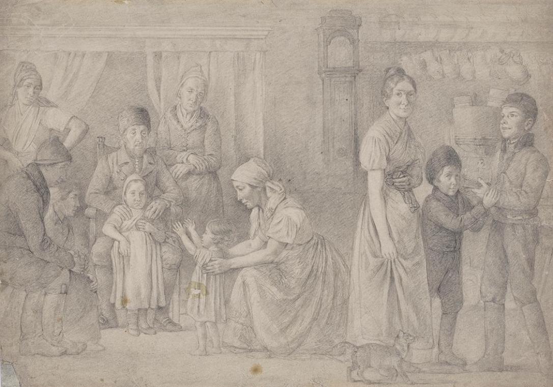 Michael Neder, Besuch der Großeltern, 1850/1860, Bleistift auf Papier, 34,8 × 49,5 cm, Belveder ...