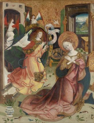 Oberösterreichischer Maler, Verkündigung an Maria, um 1500, Malerei auf Fichtenholz, 139 x 110  ...