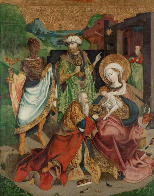 Oberösterreichischer Maler, Anbetung der Hl. Drei Könige, um 1500, Malerei auf Fichtenholz, 139 ...