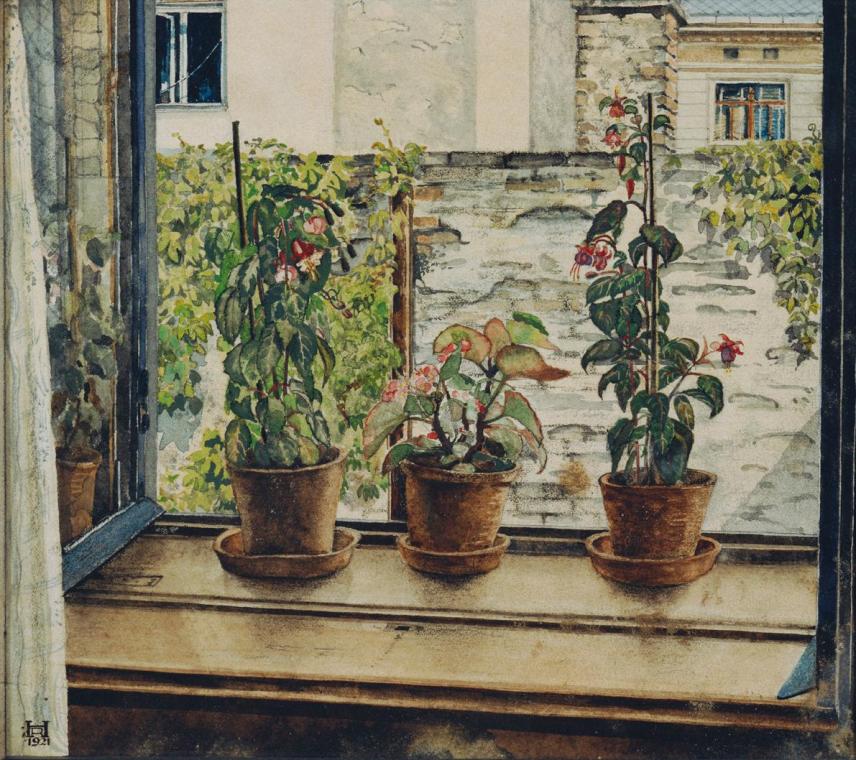 Robert  Herrmann, Blumentöpfe am Fenster, 1921, Aquarell auf Papier, 21,5 x 24,5 cm, Belvedere, ...