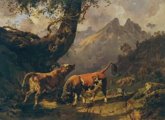 Johann Nepomuk Rauch, Stier, eine Kuh verfolgend, im Hintergrund Landschaft bei Carrara, 1832,  ...