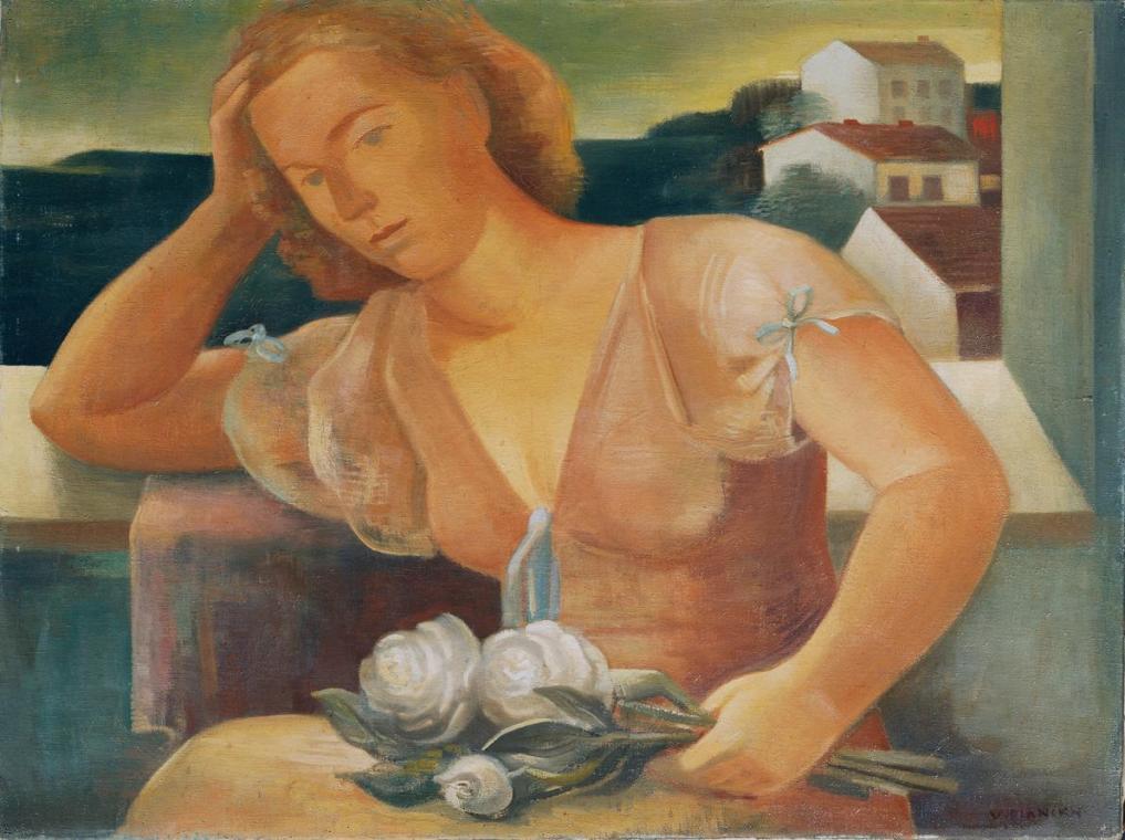 Viktor Planckh, Die Gattin des Künstlers mit Blumen, Öl auf Leinwand, 60 x 80 cm, Belvedere, Wi ...