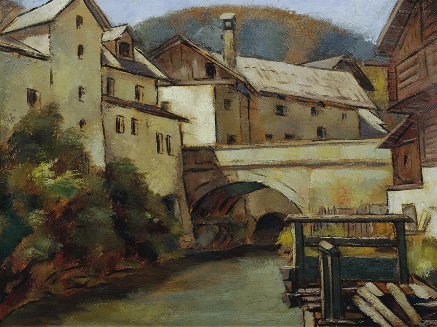 Anton Hula, Ansicht einer Stadt mit Fluss und Brücke, um 1940, Öl auf Karton, 52 x 61,5 cm, Bel ...