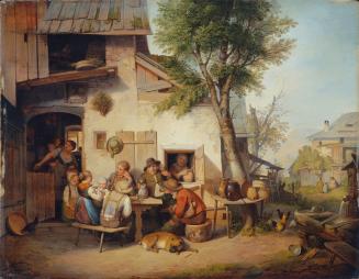 Ignaz Raffalt, Vor der Dorfschenke, Öl auf Holz, 39 x 50 cm, Belvedere, Wien, Inv.-Nr. 2179