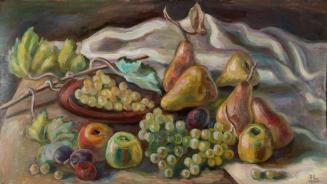 Irma Lang-Scheer, Stillleben mit Äpfeln, Birnen und Weintrauben, 1946, Öl auf Karton, 50 x 89 c ...