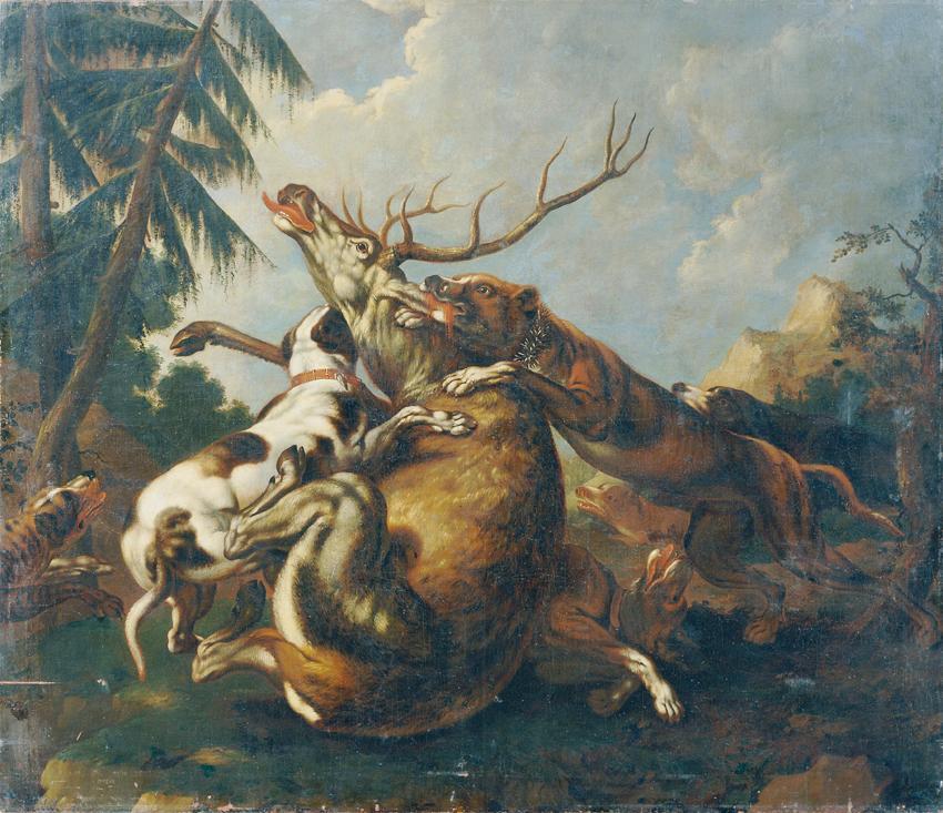 Benno Raffael Adam, Hirschjagd, um 1860, Öl auf Leinwand, 208 x 243 cm, Belvedere, Wien, Inv.-N ...