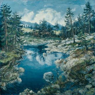 Josef Steib, Landschaft mit Gebirge und Ufer, 1937, Öl auf Leinwand, 200 x 200 cm, Belvedere, W ...