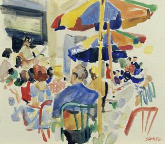 Friedrich Hermann Schiff, Strandcafé, Grado, 1965, Aquarell auf Papier, 15 x 17 cm, Belvedere,  ...