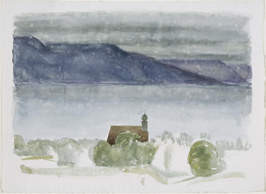 Walther Gamerith, Landschaft mit Kirche und See, undatiert, Aquarell auf Papier, 28,5 x 38,5 cm ...