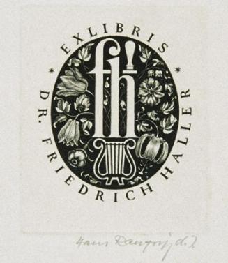 Hans Ranzoni, Exlibris Dr. Friedrich Haller, 1977, Kupferstich, 6 × 4,8 cm, Belvedere, Wien, In ...
