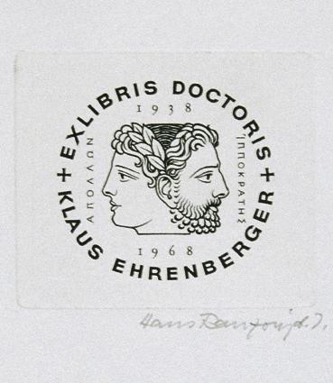Hans Ranzoni d. J., Exlibris Dr. Klaus Ehrenberger, 1938–1968, 1968, Kupferstich, 4,6 x 5,4 cm, ...