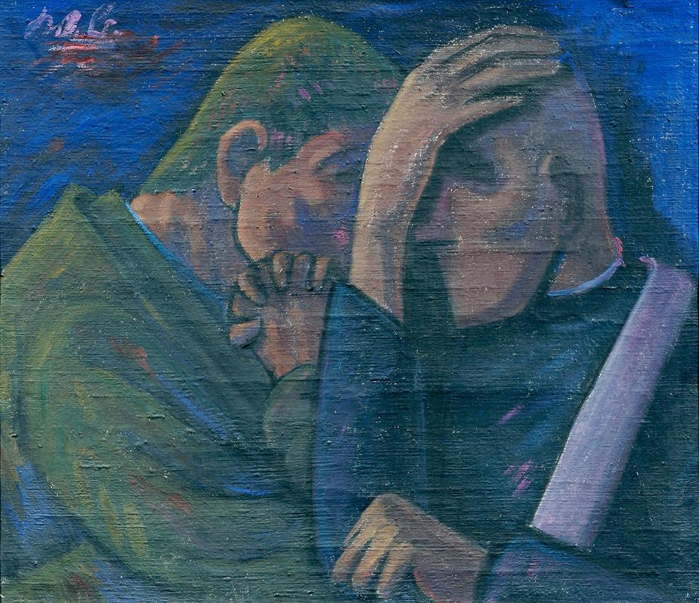 Werner Berg, Nächtliche Beichte, 1948, Öl auf Leinwand, 65,5 x 75,9 cm, Artothek des Bundes, Da ...