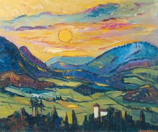 Rolf Habermann, Sonnenuntergang über der Rax I (im Vordergrund Schloss Kranichberg), 1959, Öl a ...