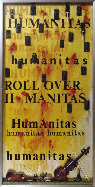 Curt Stenvert, Roll over humanitas, 1969, Mischtechnik auf Sperrholzplatte, Holz, Plastik, 153  ...