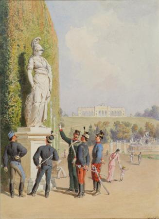 Carl Goebel d. J., Im Garten von Schloss Schönbrunn in Wien, Aquarell auf Papier, 38,8 × 28,2 c ...