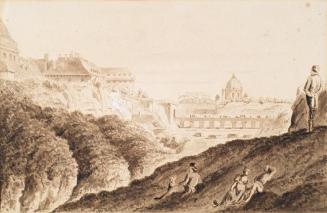Franz Jaschke, Die Hofburg mit Stadtgraben, Burgtor und Brücke, 1809, Sepia, Feder, laviert auf ...