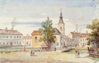 Unbekannter Künstler, Thurykapelle und Thurybrücke am Alsbach in Wien, vor 1840, Aquarell auf P ...