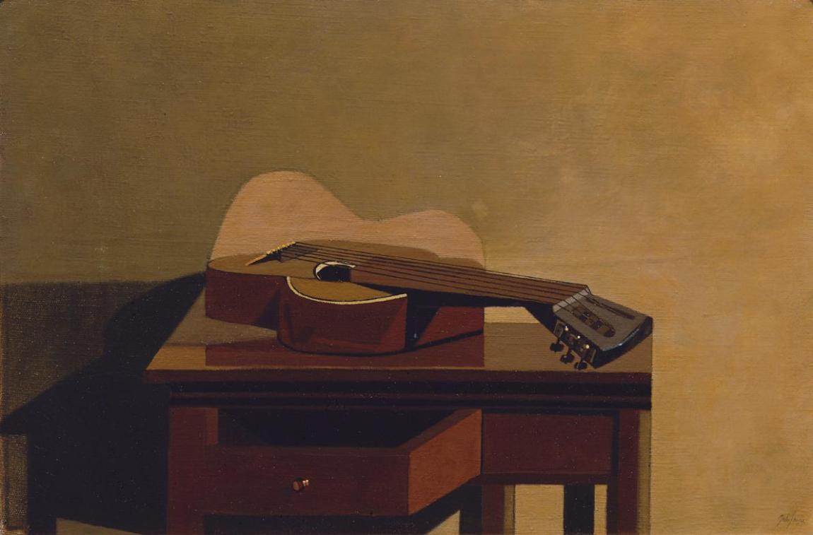 Gerhard Gutruf, Gitarre auf Tischchen, 1976-1977, Öl auf Leinwand, 30 x 45 cm, Artothek des Bun ...