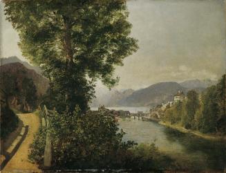 Rudolf von Alt, Blick von der Traun bei Gmunden auf den Traunsee, um 1860, Öl auf Papier auf Le ...
