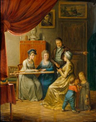 Unbekannter Künstler, Familie mit zwei Frauen am Stickrahmen, Öl auf Holz, 47,5 x 38 cm, Belved ...