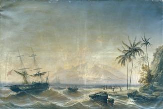 Joseph Carl Berthold Püttner, Kriegsschiff vor den Südseeinseln, 1854, Öl auf Leinwand, 142 x 2 ...