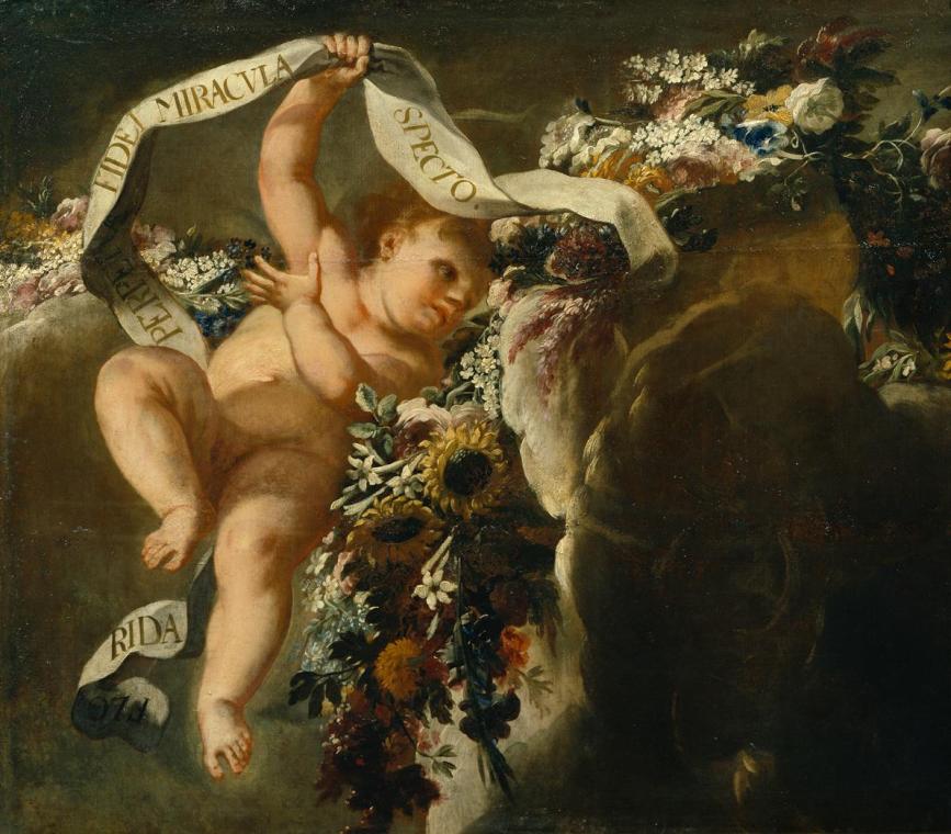 Peter Strudel, Putto mit Blumengewinde und Spruchband, 1698/1699, Öl auf Leinwand, 110 x 127 cm ...
