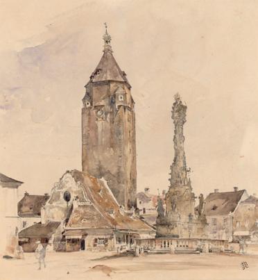 Rudolf von Alt, Das Alte Rathaus von Korneuburg, 1841, Aquarell, Bleispuren auf Papier, 24,5 x  ...