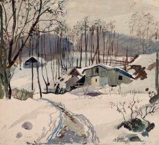 Oskar Laske, Winterlandschaft in Pressbaum, 1944, Aquarell, Deckfarben auf Papier, 42,5 x 47,5  ...