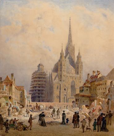 Carl Goebel d. J., Ansicht des Stephansdomes während der Demolierung der Brandstätte, um 1873,  ...