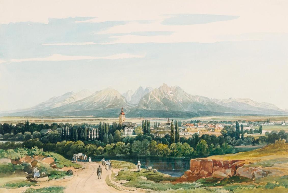 Thomas Ender, Schloss Lomnitz und die Tatra in Ungarn, um 1861 (?), Aquarell auf Papier, 32 x 4 ...