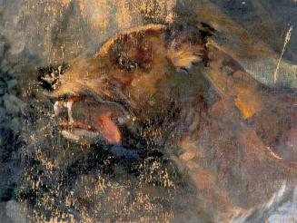 Carl Rudolf Huber, Hundekopf (Detail aus "Amazonenjagd"), 1870/1880, Öl auf Leinwand, 32 x 42 c ...