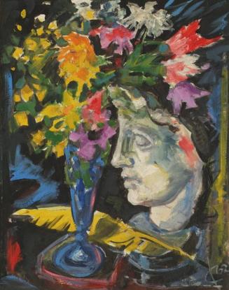 Felix Smetana, Stillleben mit Blumenvase und antikem Kopf, 1962, Öl auf Holzfaserplatte, 46 x 3 ...