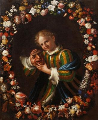 Franz von Margety, Kind mit Larve im Blumenkranz, Öl auf Leinwand, 96 x 79 cm, Belvedere, Wien, ...