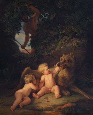 Josef Binder, Landschaft von Josef Selleny, Romulus und Remus, 1850, Öl auf Leinwand, 126 x 103 ...