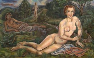 Irma Lang-Scheer, Drei Frauen am Wiesenbach, um 1945, Öl auf Holz, 80 x 130 cm, Belvedere, Wien ...