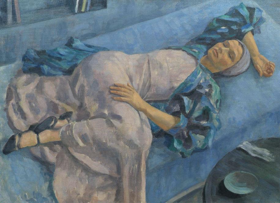 Walther Gamerith, Grete Gamerith auf blauer Couch, 1936, Öl auf Leinwand, 79 x 107,5 cm, Belved ...