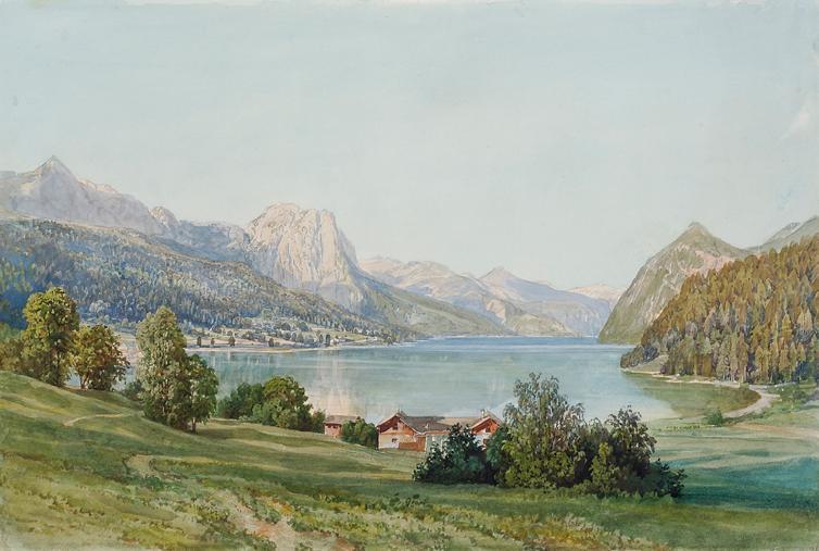 Thomas Ender, Der Grundlsee in der Steiermark, um 1840, Aquarell auf Papier, 35,5 x 49,7 cm, Be ...