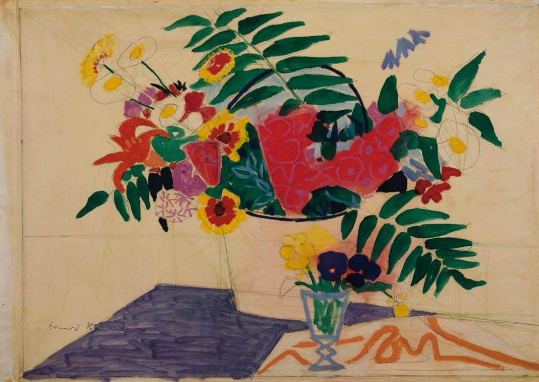 Eduard Bäumer, Blumenstück, 1950, Bleistift, Aquarell, Deckfarben auf Papier, 71,5 x 102 cm, Be ...