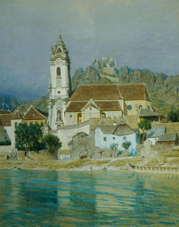 Maximilian Suppantschitsch, Die Stiftskirche in Dürnstein, 1905, Öl, Pastell auf Papier, 84,5 x ...