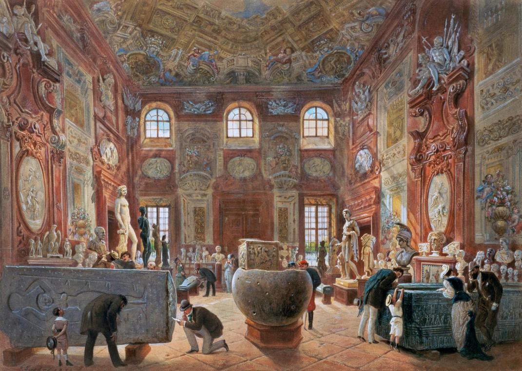 Carl Goebel d. J., Der große Marmorsaal des Unteren Belvederes mit den Skulpturen der Antikensa ...
